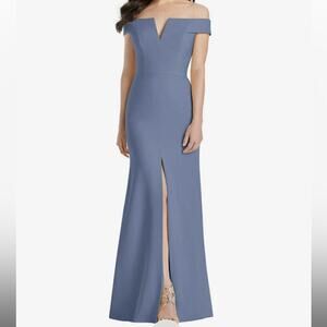 Dessy Collection NWT Off Shoulder Trumpet Gown Front Slit Larkspur Blue Size 4